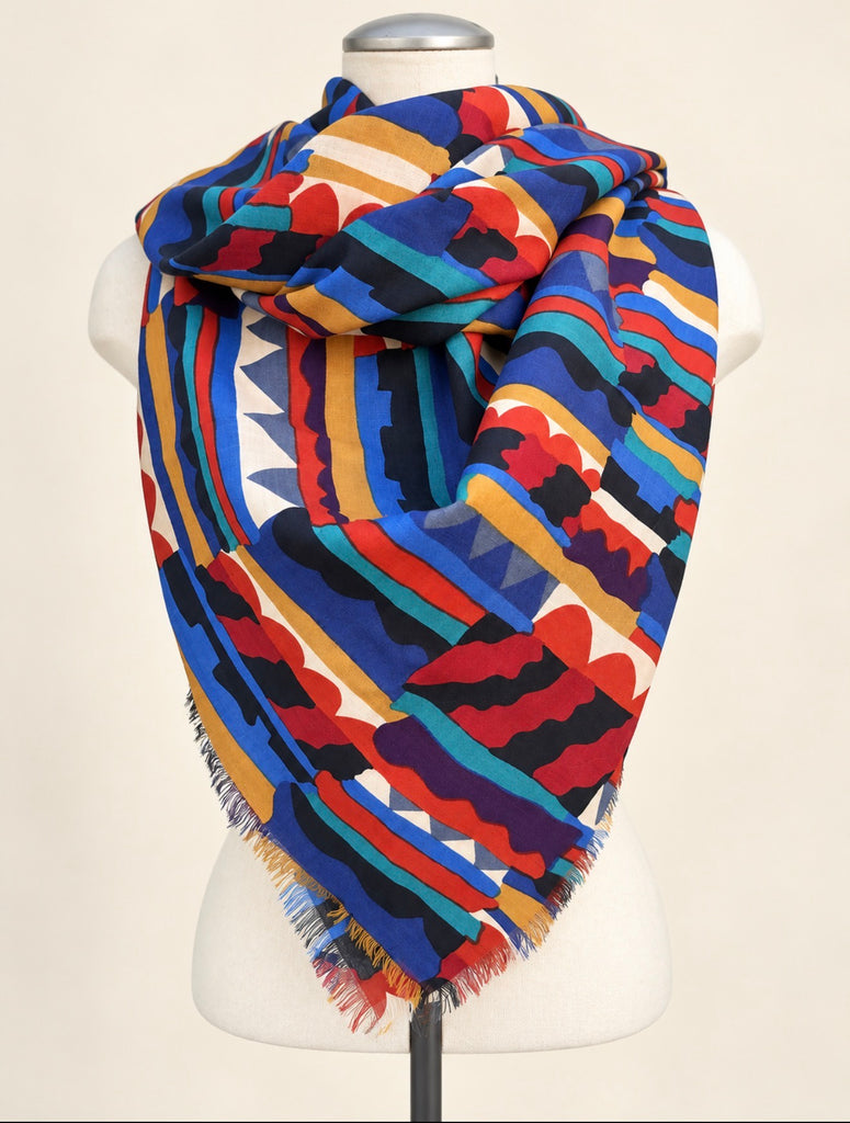 Vintage Susan Collier Bauhaus wool scarf wrapped around mannequin