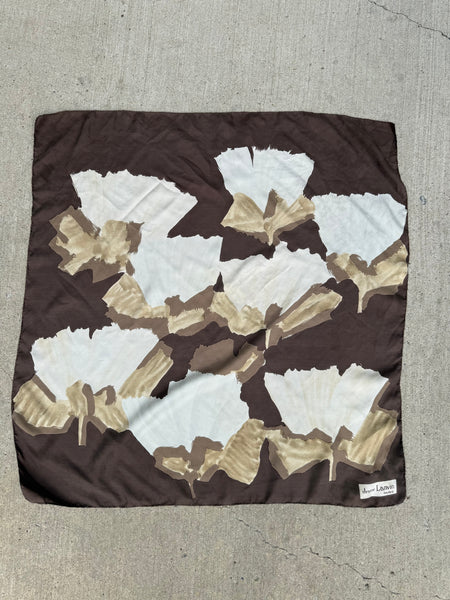 Vintage Jeanne Lanvin Paris silk scarf with brown ivory and cream floral print