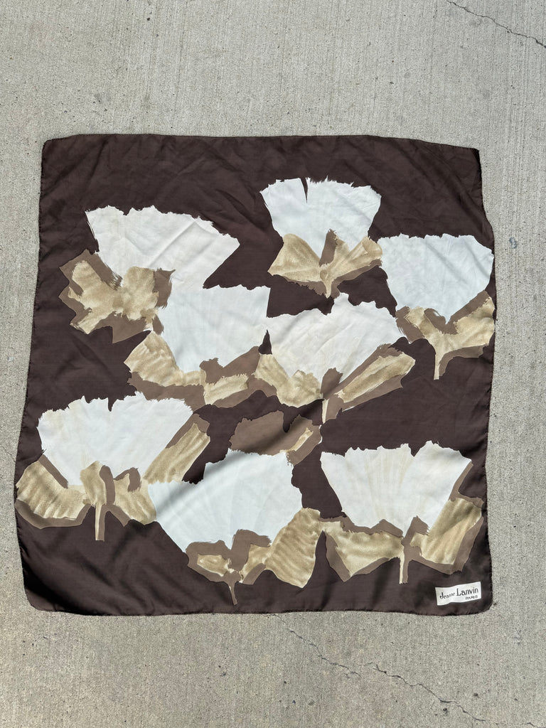 Vintage Jeanne Lanvin Paris silk scarf with brown ivory and cream floral print