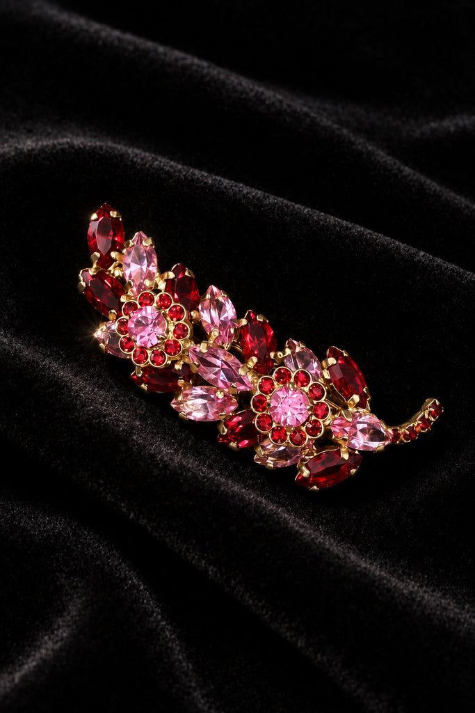 Vintage 1960s Juliana pink and ruby-red rhinestone branch brooch on black velvet