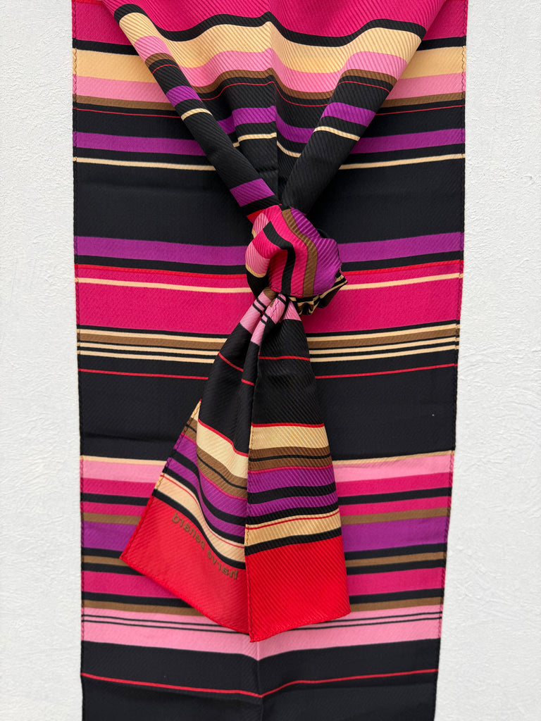 Vintage Harve Benard silk scarf with colourful pink, black, red, purple and beige striped pattern. 