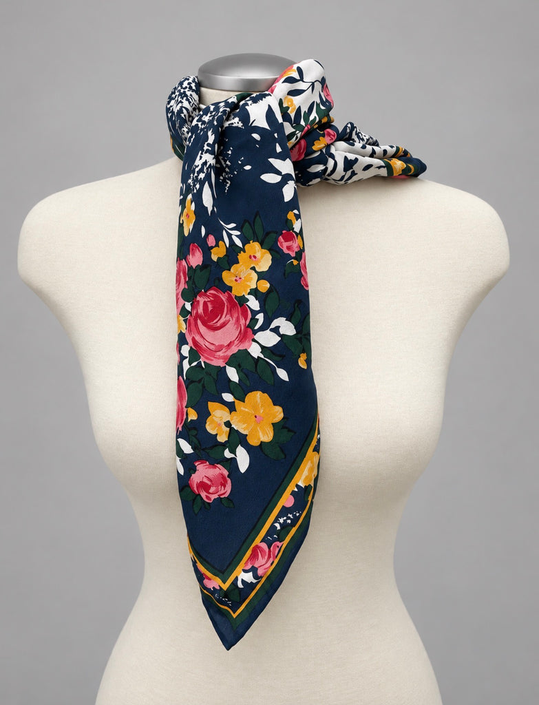 Navy floral silk scarf with pink roses and yellow flowers styled on mannequin