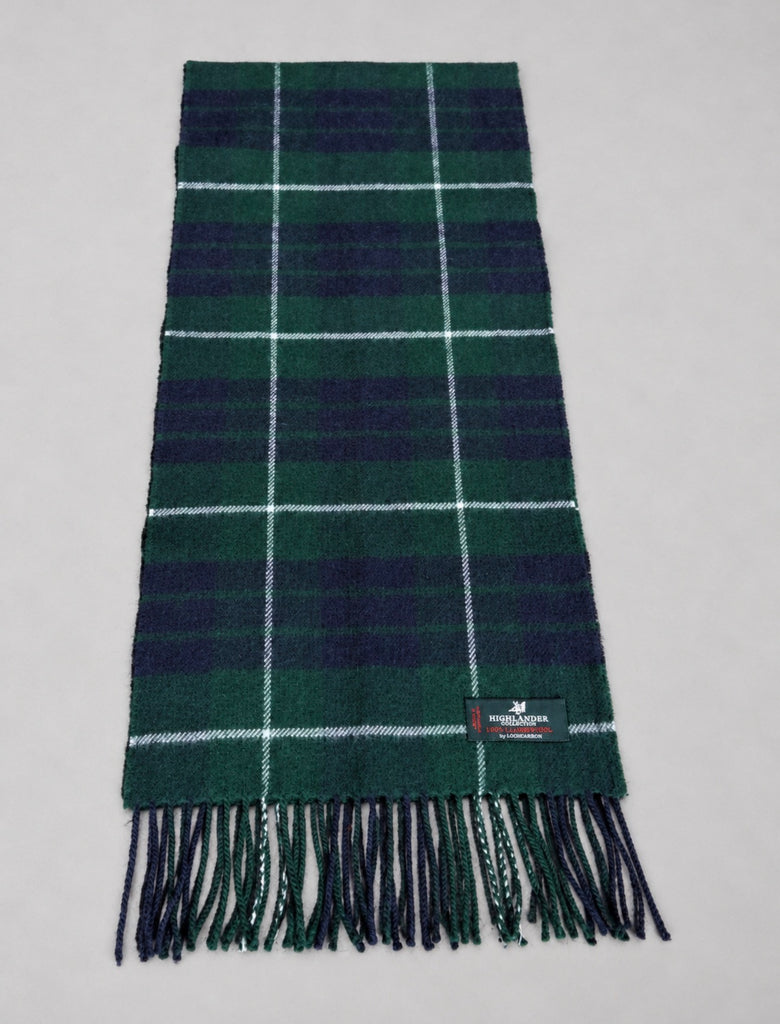 Vintage Lochcarron Douglas Modern tartan lambswool scarf in green and navy with fringe
