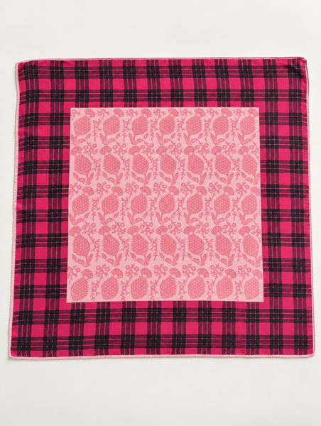 Vintage pink and black plaid square scarf with pale pink botanical centre