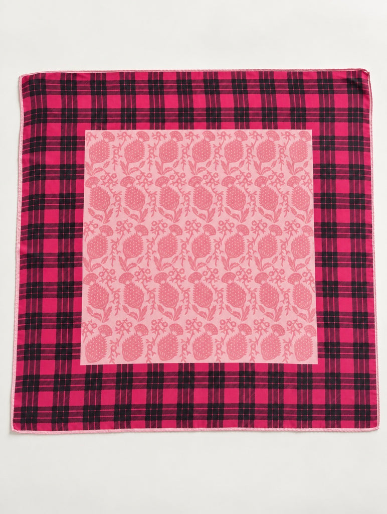 Vintage pink and black plaid square scarf with pale pink botanical centre