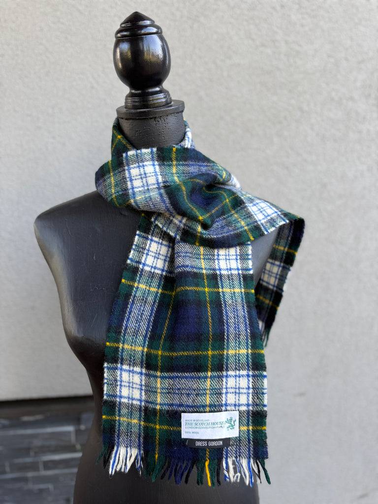 Vintage The Scotch House Dress Gordon tartan wool scarf in navy, green, white and yellow. 