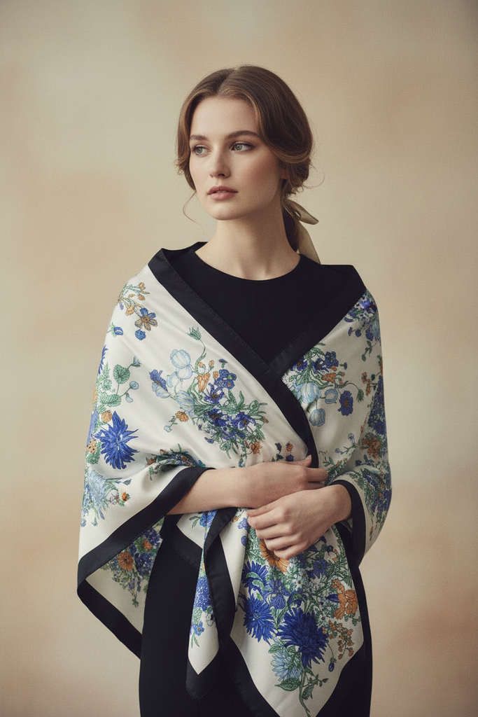 Large floral Western wild rag scarf styled around the shoulders. 