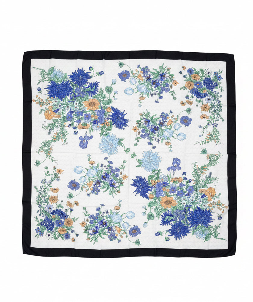 Large vintage Western wild rag scarf with blue green and gold floral print and black border. 