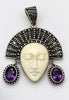Vintage Balinese goddess 925 sterling silver pendant with carved cream face and two purple oval stones