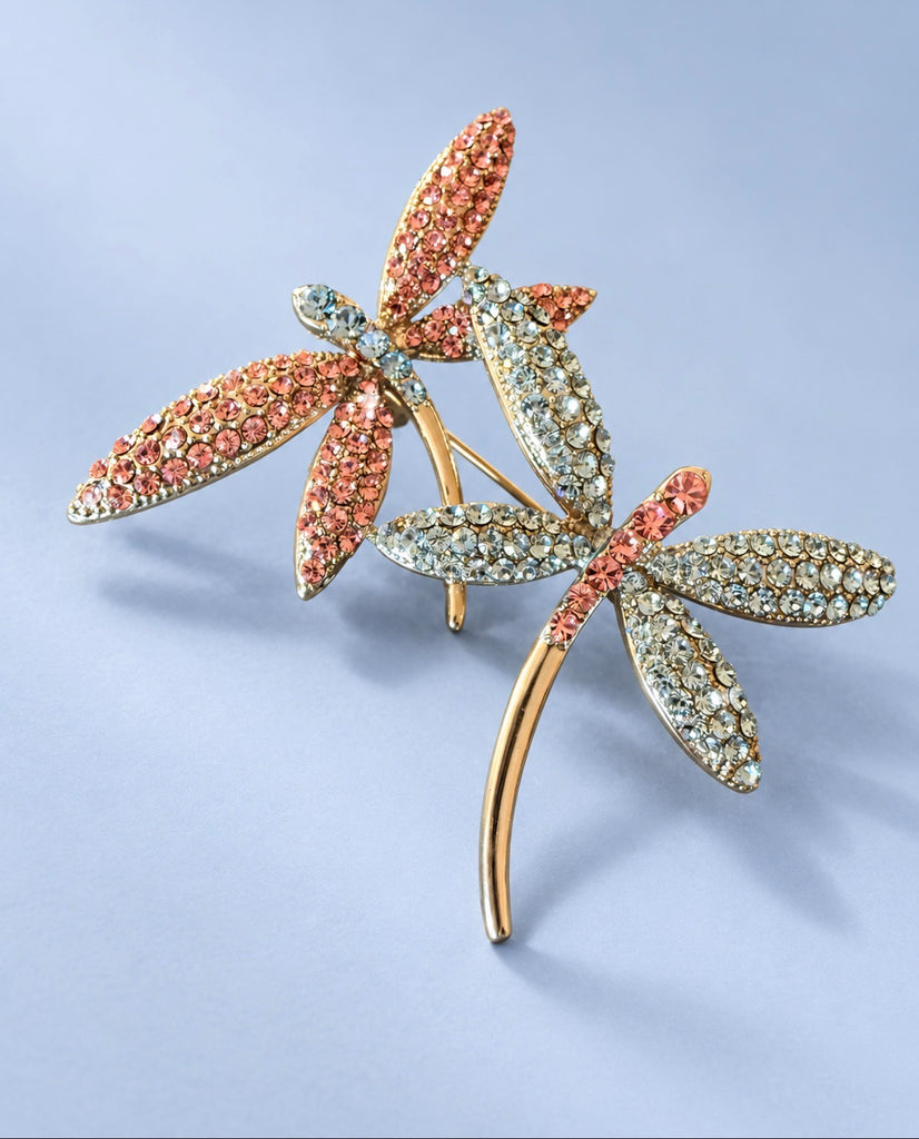 Pink and blue crystal dragonfly statement brooch with outstretched wings