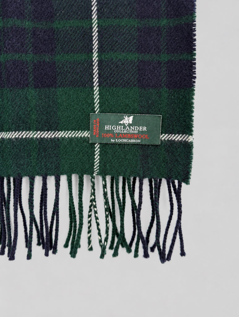 Detail of Douglas Modern tartan scarf showing traditional plaid weave and fringe