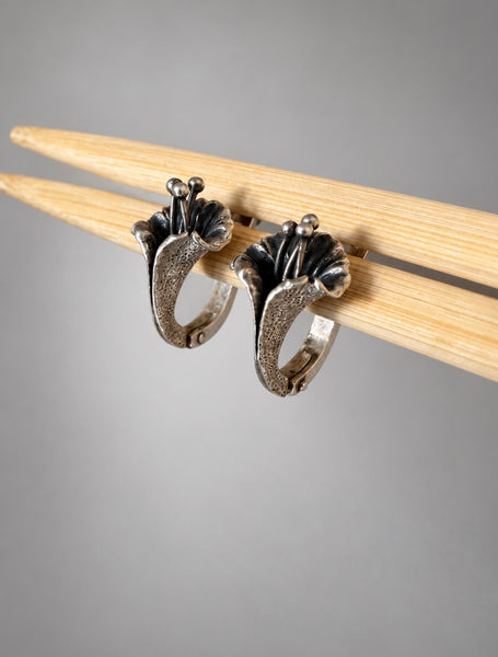 Pair of vintage 1973 Soviet silver lily drop earrings with sculptural petals