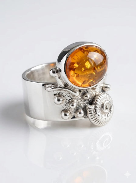 Vintage 1986 Baltic amber sterling silver ring with cognac amber and ammonite fossil motif