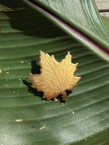 Vintage 1970 Canadian gold-tone maple leaf brooch displayed on green leaf