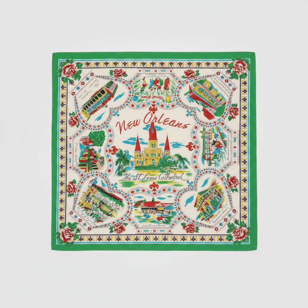 A square New Orleans-themed scarf laid flat on a textured concrete surface. The scarf features a white background with a vibrant green border, red roses, and multiple colorful illustrations of New Orleans landmarks including the Cathedral of Saint Louis, the Mississippi Riverboat, and the French Quarter, with 'New Orleans' written in red script in the center.