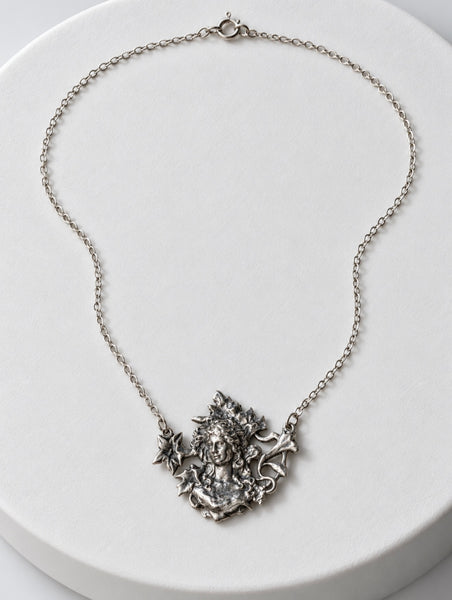 Vintage ECCO sterling silver Art Nouveau maiden pendant necklace with floral detailing