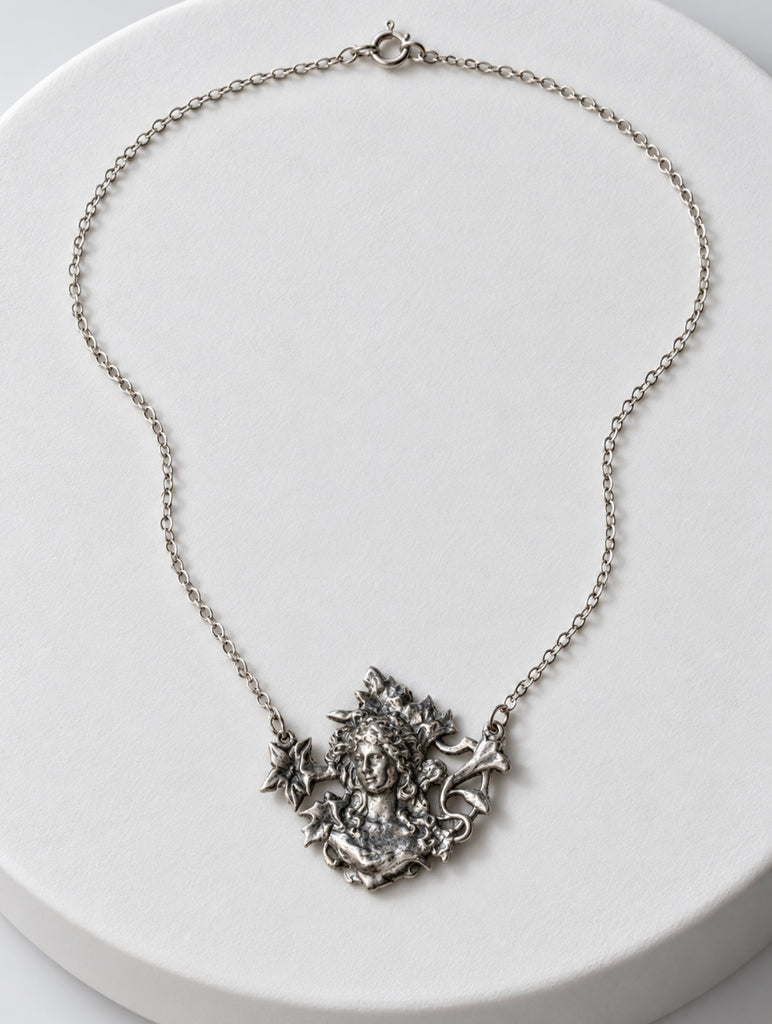 Vintage ECCO sterling silver Art Nouveau maiden pendant necklace with floral detailing