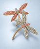 Pink and blue rhinestone dragonfly brooch with gold-tone metal