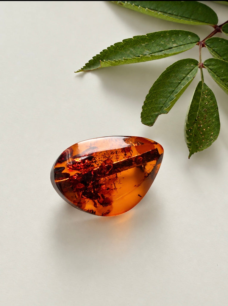 Close-up of natural Baltic amber brooch showing organic polished gemstone shape