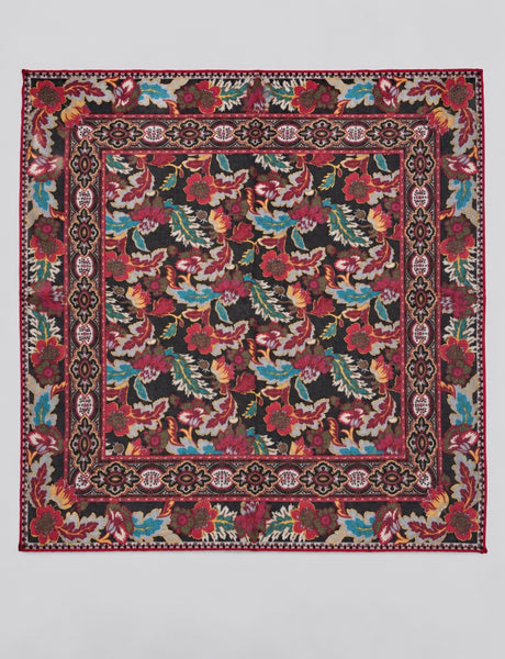 Oversized black wool square scarf with burgundy teal and gold floral paisley print