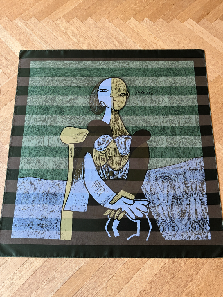 Large vintage Picasso art scarf with green striped background and Cubist figurative print.  