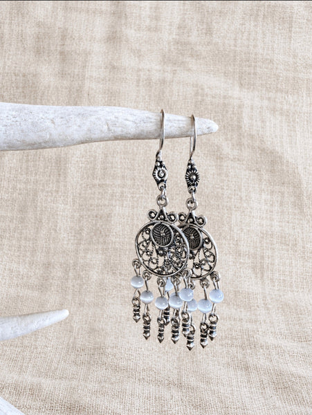 Sterling silver 925 filigree dangle earrings with white beads and silver drops