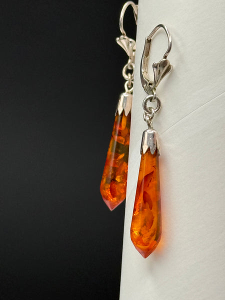 Vintage Baltic amber drop earrings with elongated cognac amber stones and silver lever-back hooks