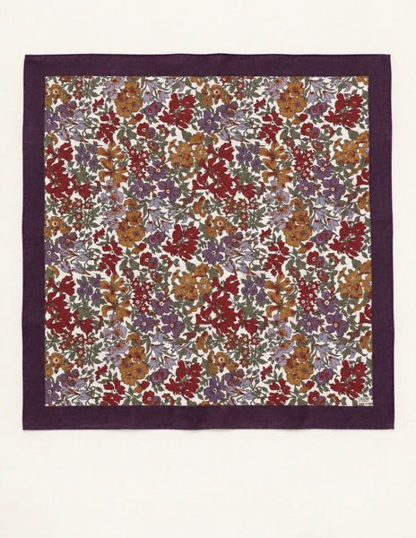 Liberty of London Margaret Annie wool square scarf with colourful floral print and purple border