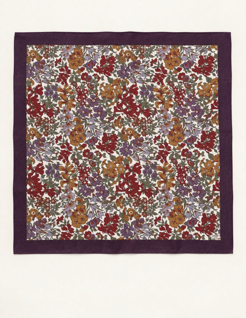 Liberty of London Margaret Annie wool square scarf with colourful floral print and purple border