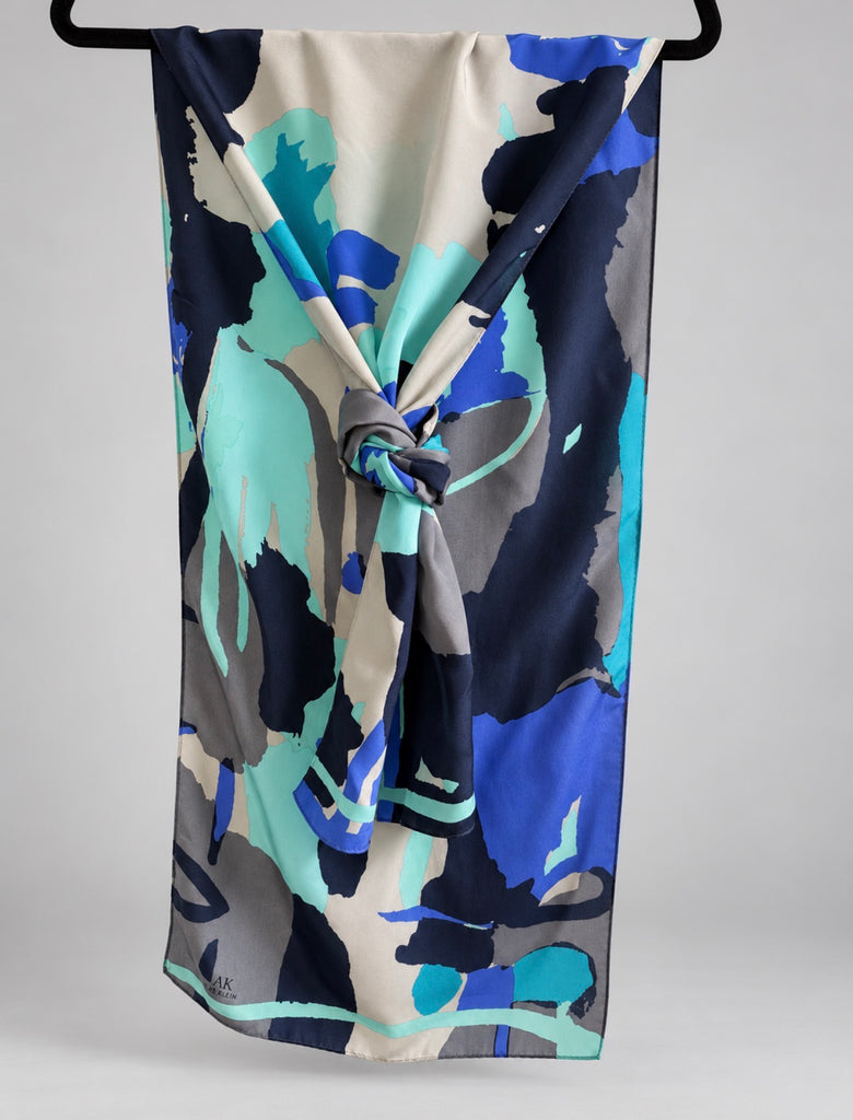 Anne Klein silk scarf with abstract cobalt blue aqua navy grey and ivory print