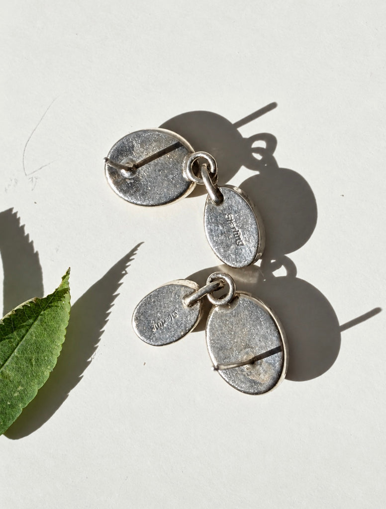 Back of vintage sterling silver amber and black onyx earrings showing post closures