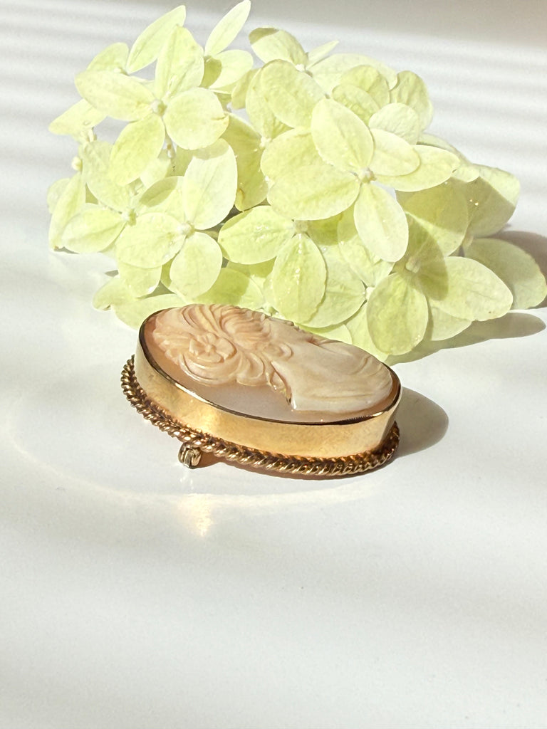Side view of vintage shell cameo brooch pendant showing raised carved portrait
