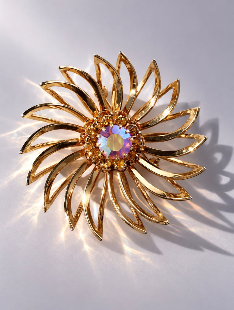 Sarah Coventry gold-tone sunburst flower brooch with iridescent AB crystal centre