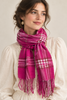 Woman wearing bright pink plaid Neiman Marcus cashmere scarf with winter outfit