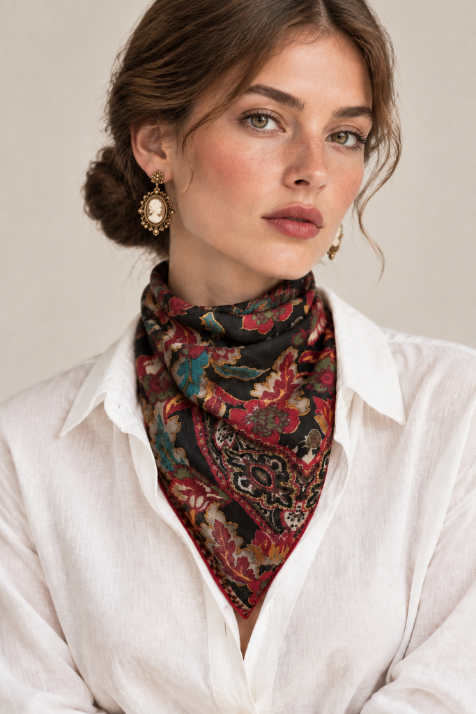 Model wearing colourful floral paisley wool scarf tied around neck