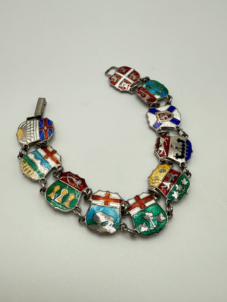 Canadian provincial shield charm bracelet with colourful enamel and sterling silver links