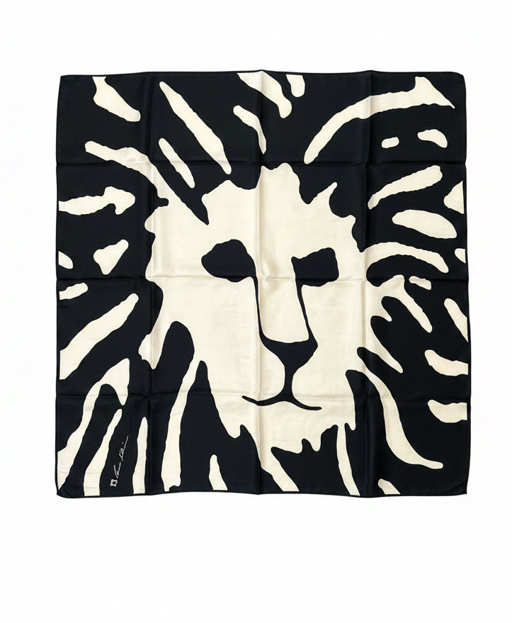 Vintage Anne Klein silk scarf with large black and ivory graphic lion face print. 