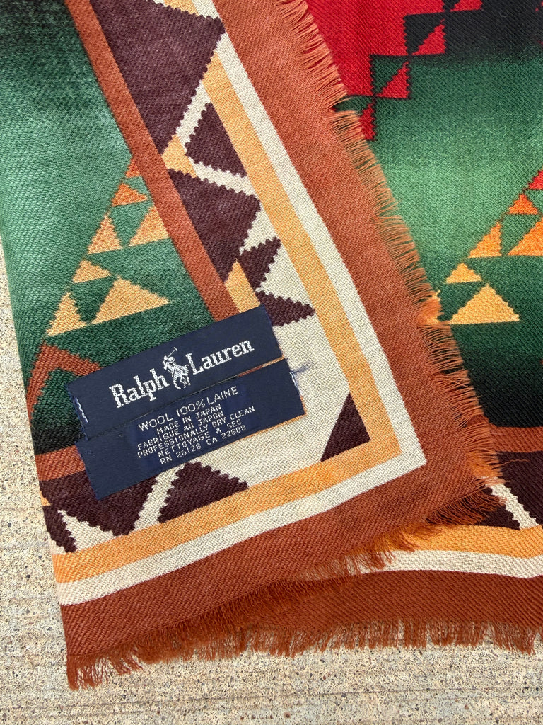 Close-up of vintage Ralph Lauren wool scarf showing Ralph Lauren label