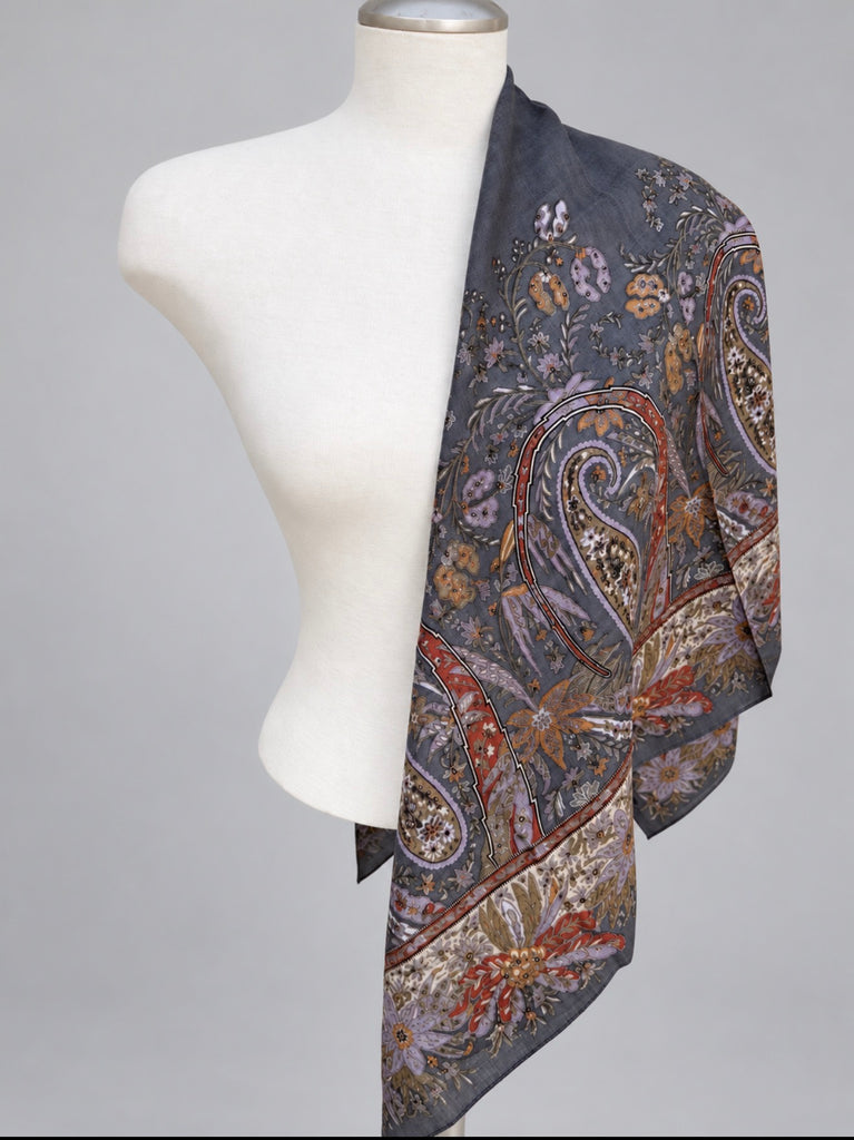 Plum and rust floral paisley wool scarf styled on white mannequin