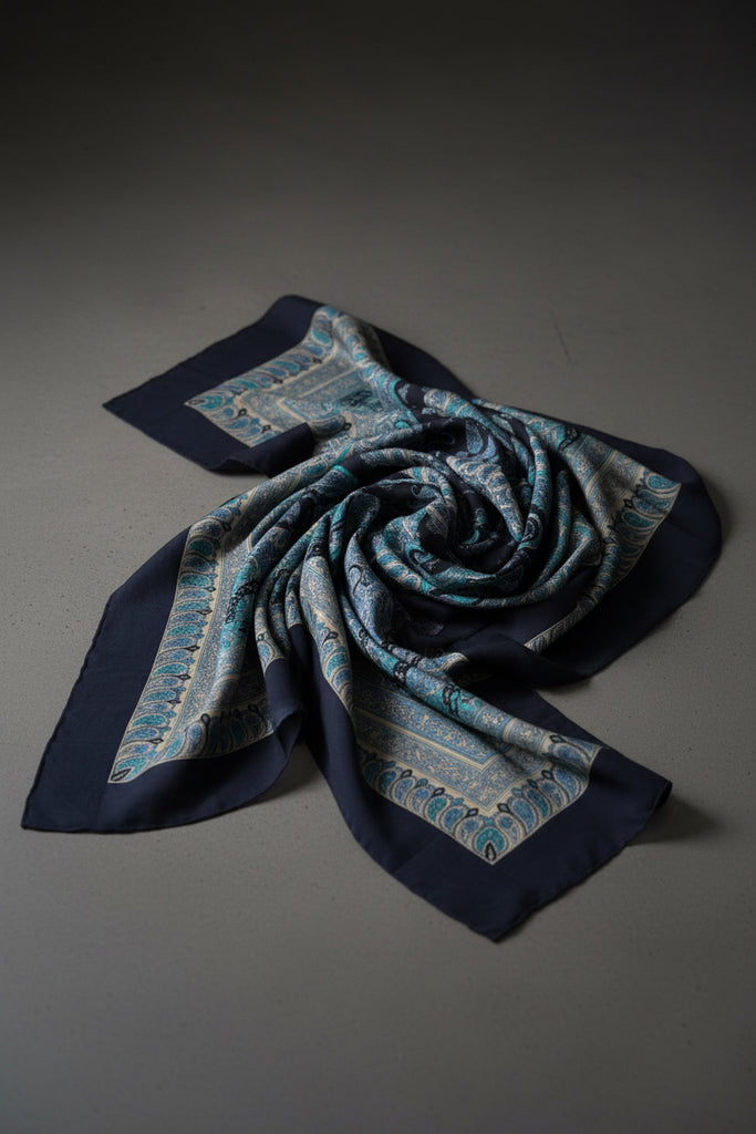 Vintage turquoise blue paisley silk scarf styled in a loose knot against dark background