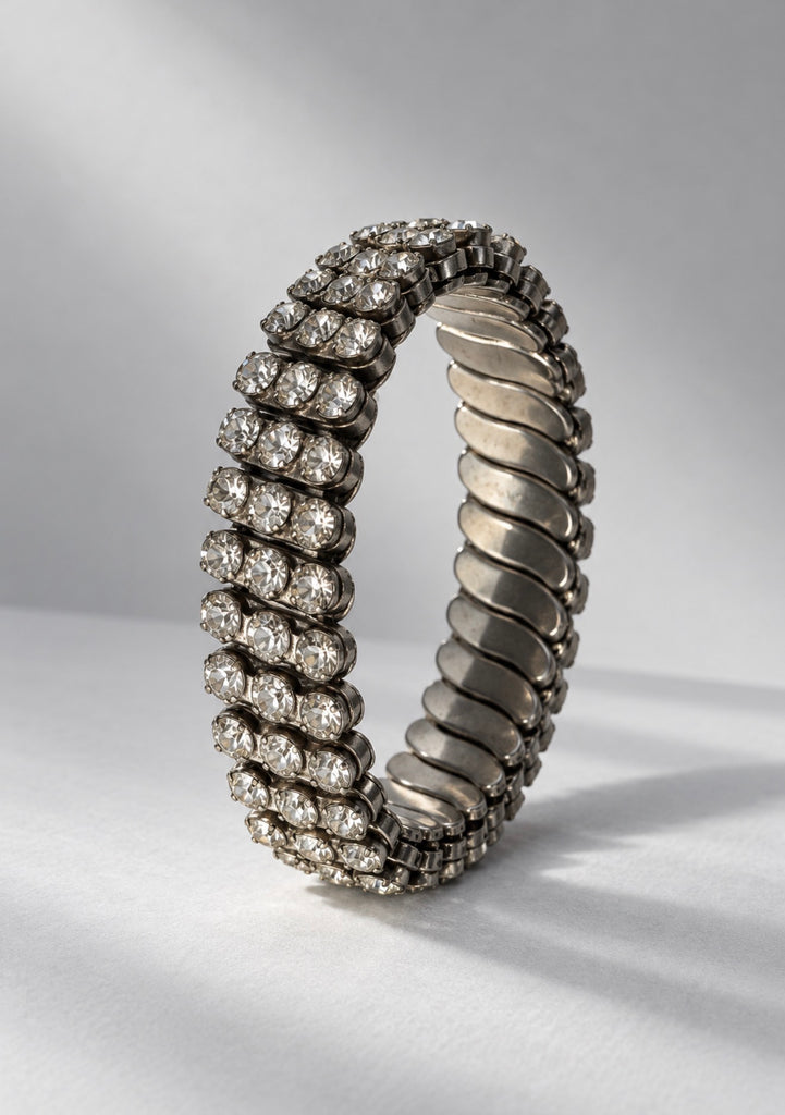 Vintage 1950s triple row clear rhinestone expansion bracelet in silver-tone metal