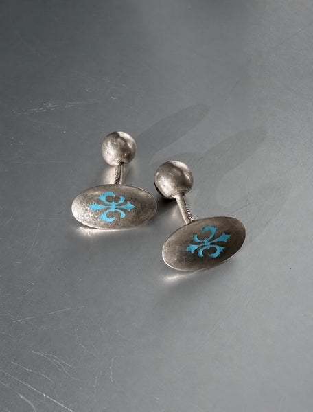 Vintage sterling silver cufflinks with turquoise enamel fleur-de-lis design