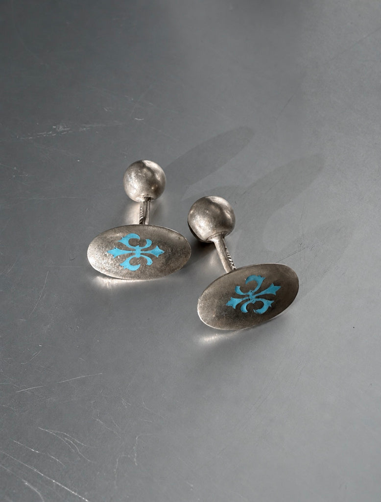Vintage sterling silver cufflinks with turquoise enamel fleur-de-lis design