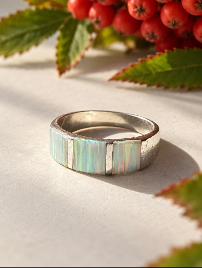 Sterling silver wide band ring with three rectangular opal panels