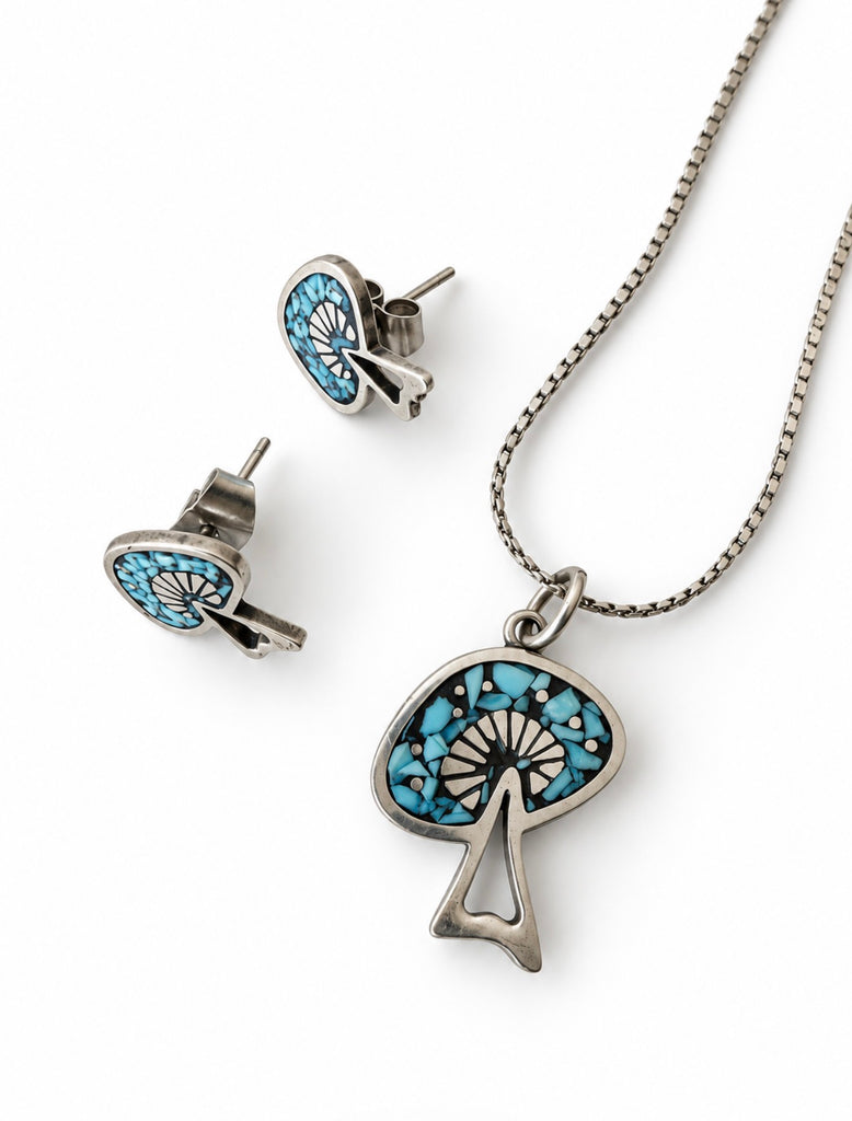 Sterling silver turquoise mosaic pendant necklace with matching earrings