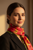 Colourful vintage silk cat scarf styled around the neck with red yellow and green print. 