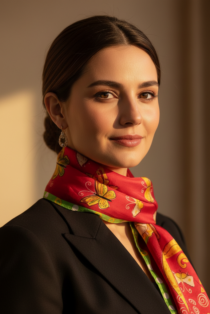 Colourful vintage silk cat scarf styled around the neck with red yellow and green print. 
