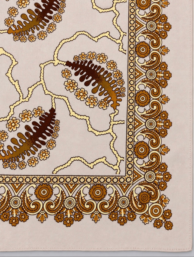 Close-up of caramel and chocolate brown decorative border on vintage wool scarf