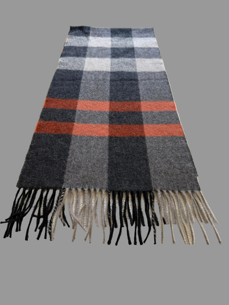 V. Fraas 100% cashmere plaid scarf in charcoal grey cream and rust with fringed ends