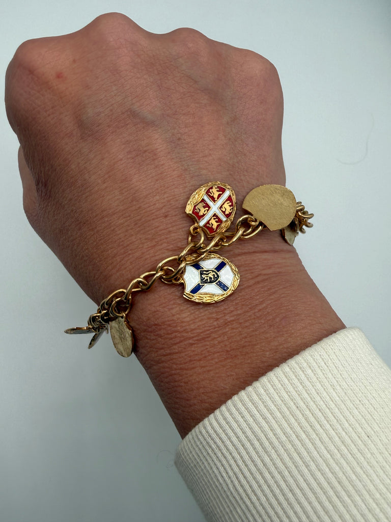 Vintage Canadian provincial enamel charm bracelet shown worn on wrist